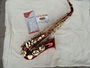 Oves Alto Eb Tune Saxofon E-Flat Professionella studenter Vacker stor rödlack Body Guldpläterad Key Pearl Knappar Sax med väska