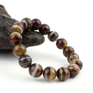 Natural Round Gem Stone Agates Onyx Men Bracelets Bangle 10mm Brown Stripe Ethnic Rosary Energy Beads Prayer Wristband