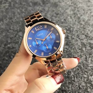 FOSS Brand Watch de pulso de quartzo para mulheres Menina com banda de aço de metal cristal 3 mostradores estilo de marcação Relógios FO 03