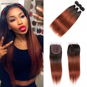 Ombre Colored Two Tone Weave 1B 33# Auburn Straight Hair Extensions Bundles with Lace Closure Unprocessed Virgin Human Hair Vendors