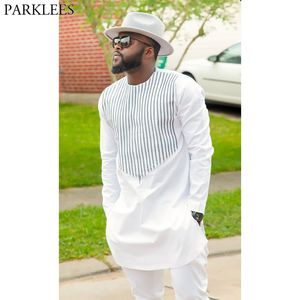 Mens Vertical Striped White African Dashiki Shirt 2018  Slim Fit Round Collar Dress Shirts Men Long Sleeve African Clothing