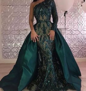 Hunter Green Mermaid Prom Dresses Sexy One Shoulder Long Sleeves Evening Wear Satin Sparkly Sequins Special Ocn Dress