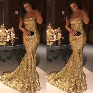 2018 sparkly sexiga sjöjungfrun kvällsklänningar strapless backless gold prom klänningar billiga långa festliga klänningar
