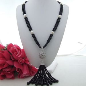 Handmade beautiful pearl and onyx micro inlay zircon accessories tassel pendant sweater necklace long 84 cm