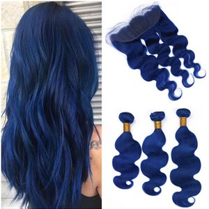 Волна тела девственница перуанские темно-синие пучки человеческих волос с кружевом фронтальной закрытия 13x4 волна тела чисто синий девственные волосы утка расширения