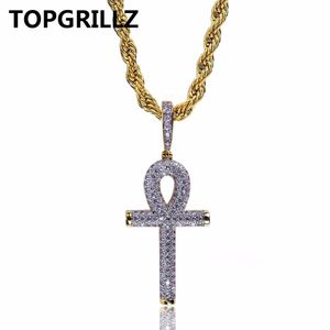 TOPGRILLZ Collana Hip Hop Rock Color oro All Iced Out Micro Pave CZ Stone Collane con ciondolo croce Ankh con catena di corda da 60 cm