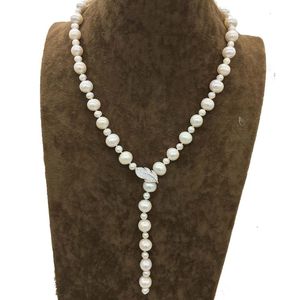 Hand knotted 56cm genuine 8-9mm white freshwater pearl small pearl space necklace leaves clasp fashion jewelry