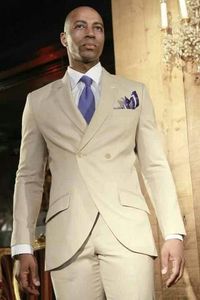 British style Beige Double-Breasted Groom Tuxedos Excellent Men Wedding Suit High Quality Men Business Prom Dinner Blazer (Jacket+Pants+Tie)