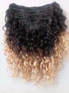 Großhandel mit brasilianischen Echthaar-Vrgin-Remy-Haarverlängerungen zum Anklipsen im lockigen Haarstil, natürliches Schwarz 1b/Blonde Ombre-Farbe