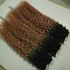 Ombre Tape In Human Hair Extensions Brazilian kinky curly Hair 120pcs/pack extensiones cabello natural adhesivas 300g #1B/27