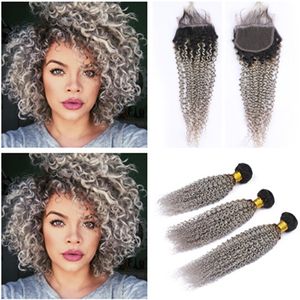 Mongolski Kinky Curly Human Hair Wees Ombre Silver Gray Z Zamknięciem # 1B / Gray Ombre 4x4 Koronki Zamknięcie z Virgin Hair Weft 3 Wiązki