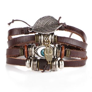 Evil Eye Multilayer Armband för kvinnor Män Owl Leaf Charm Leather Wrap Armband Bangle Cuff armbandsmodet smycken