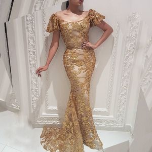 Luxury Dubai Golden Prom Dresses Off The Shoulder Short Sleeves Lace Appliques Evening Party Gown Gorgeous Saudi Arabia Mermaid Evening Dres