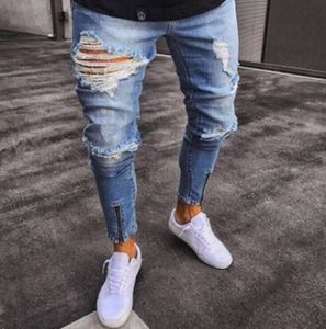 Biker High Street Yırtık Kot Erkekler Moda Delik Tasarım Fermuarlar Uzun Kalem Pantolon Slim Fit Pantolon Giyim