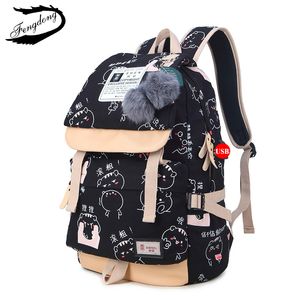 FengDong 2018 Cute Canvas Adolescent Girl Backpack Female Kawaii Travel Bag Women Backpack Satchel Mochila Bagpack My Rucksack Y18100704