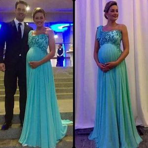 Maternity Evening Dresses One Shoulder Applique Zipper Back Vestidos De Novia Long Sweep Chiffon Pregnant Prom Gowns Light Sky Blue