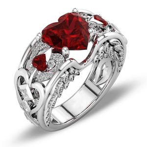 Jóias Anel Princesa 925 Prata Ruby Ruby Ruby Birthstone Casamento Noivado Coração Anel