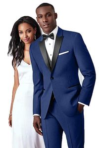 Brand New Groomsmen синего Groom Tuxedos Пик черный отворот Мужские костюмы Свадебного шафер жениха (куртка + брюки + жилет + Tie) L190
