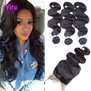 Indian Virgin Hair 6X6 Lace Closure With Human Hair Bundles 10-28inch Body Wave 4pcs Natural Color