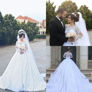 Vintage Z Długim Rękawem Dubaj African Suknie Ślubne Koronki Sheer Country Plus Size Vestido de Noiva Arabska Bridal Suknia Ball Dla Bride
