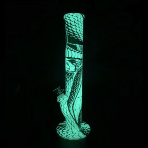 14 ''스트레이트 봉지 뱀 흡연 파이프는 마른 허브를위한 유리 그릇이있는 어두운 실리콘 수도관에 빛을 발한다.