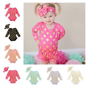 Baby Girls Långärmad Pompom Tassel Romper In Bronzing Dot Jumpsuits 2018 Boutique Kids Climbing Kläder med båge Headband One-Piece C4228