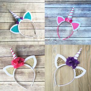 Girls Cute Unicorn Headband Cat's Ear Flower Hairband Kids Birthday Party Hair Accessories Headwear Unicorn Horn Children Hair Sticks Bows