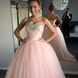 2019 Blush Rosa Vestidos De Casamento Colorido Cristais Frisado Querida Mangas Lace Tulle Custom Made Vestidos De Noiva Varredura Trem