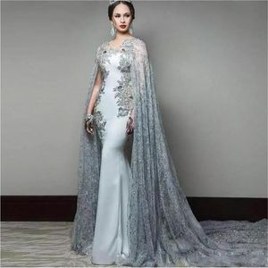 Hot Sale Mermaid Evening Dresses With Lace Cape Sheer Bateau Neck Beaded Plus Size Formell Dress Sweep Train Satin Prom Crows