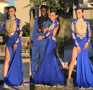 Sexy Open Back Royal Blue Mermaid Prom Dresses Gold Lace Appliqued Beaded High Collar Long Sleeve Side Slit Black Girls Evening Party Gowns