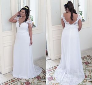 2018 Sexy Deep V neck Open Back Wedding Dresses Plus size Applique Lace Beach Stylish With Short Sleeves Chiffon Bridal Gowns