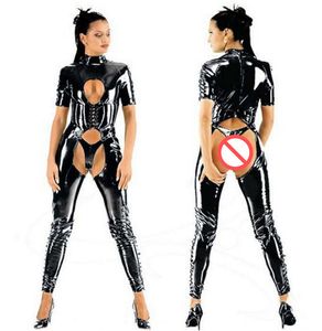 السيدات مثير الملابس الداخلية الأسود PVC فو فو بذلة Catsuit Club Dress #T78