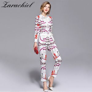 2018 Fashion Chain Printed Suit Set 2 Piece Bow Collar Full Sleeve Shirt Top + Belt Pencil Pants Set for Women Runway Twinsets D18110706