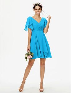 Short Length Modest Chiffon A-Line Beach V-Neck Evening Bridesmaid Dresses With Short Sleeves Beaded Ruched Temple Bridesmaids Dress