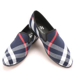 Blue and white plaid canvas shoes luxurious men loafers black pig leather insole men 's casual shoes men's flats