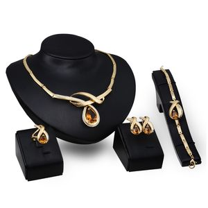 Dubai 18K Gold Pendant Amber Crystal Necklace Set Fashion African Diamond Wedding Bridal Jewelry Sets (Necklace + Bracelet + Earrings +Ring)