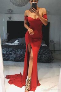 Marinblå röd svart prom lång av axel rygglös veck hög sida delade formella klänningar kvällskläder vestidos de fiesta
