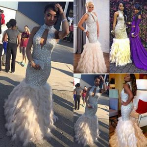 Stunning Sequined Feather African Prom Dresses Long Rhinestones Beaded High Neck Formal Gowns Floor Length Evening Dress For Women Plus Size