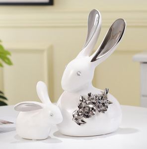 Criativo branco prata cerâmica estátua de coelho decoração de casa sala de artesanato decoração animal de porcelana estatuetas decoração de casamento presente