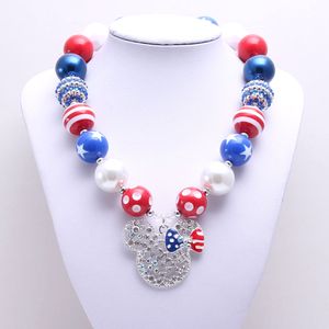 Cartoon Rhinestone Pendant Kid Chunky Necklace American Navy Red Color Bubblegum Bead Chunky Necklace Children Jewelry For Toddler Girls