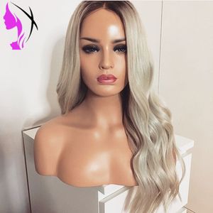 180% Gęstość Ciała Wave Syntetyczna Koronka Przednia Peruka Z Baby Włosy Ombre Light Grey Wild Wig Bezklejowy Peruki Odporne na ciepło Dla Czarnych Kobiet