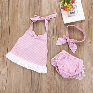 Wholesale baby striped t shirt resale online - 2019 Newborn Infant Baby Girls Lace Striped Bowknot T Shirt Shorts Headband Clothes Outfits Sets costumes for Baby girl