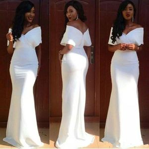 Stylish White Cheap Bridesmaid Dresses Long Mermaid Off Shoulder V Neck Wedding Guest Dress Floor Length Satin Party Gowns Custom Made