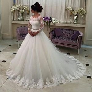 Modest 2018 Hot Lace Long Sleeve Wedding Dress With Belt Court Train Lace Up Bridal Gowns Wedding Dresses EN2243