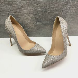 New Grey Serpentine Fine-Heeled Pointed 12cm Super High-Heeled Sko Fashion Grunt-mun Single Shoe Anpassad 33-45 Storlek