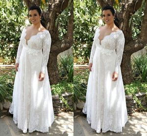 2019 Plus Size Wedding Dresses With Long Sleeve Lace Scoop Sash Ribbon Hand Made Flowers Bridal Party Dress Wedding Gowns Custom Made