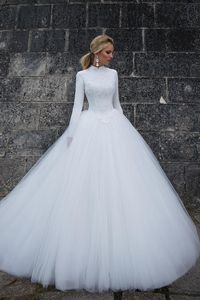New Ball Gown Modest Wedding Dresses With Long Sleeves High Neck Arabic Women Bridal Gowns Temple Wedding Gowns Sleeved