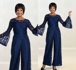 Blue New Jumpsuits Mother of Bridal Pant Suits for Wedding Formal Outfit Garment Long Sleeve Lace Appliqued Prom Evening Dress