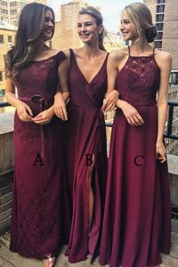 Cheap Burgundy bridesmaid same color different style dresses country V Neck Scoop Lace Chiffon Prom Party Gowns maid of honor For Wedding