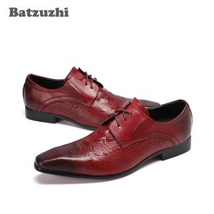 Big size 44 45 46 Fashion Pointed Toe Lace-up Wine Red Wedding Shoes Genuine Leather Mens Dress Shoes Wine Red Business Male Shoes Men
